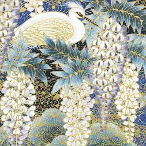 Wisteria & Herons- Blue with Gold Metallic Asian Japanese Fabric -...