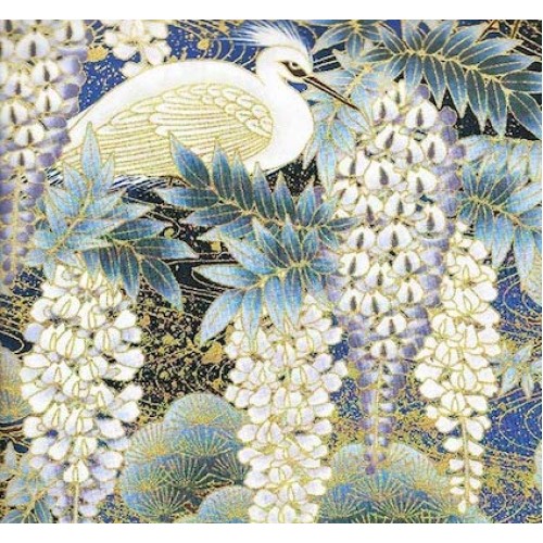 Wisteria & Herons- Blue with Gold Metallic Asian Japanese Fabric -...