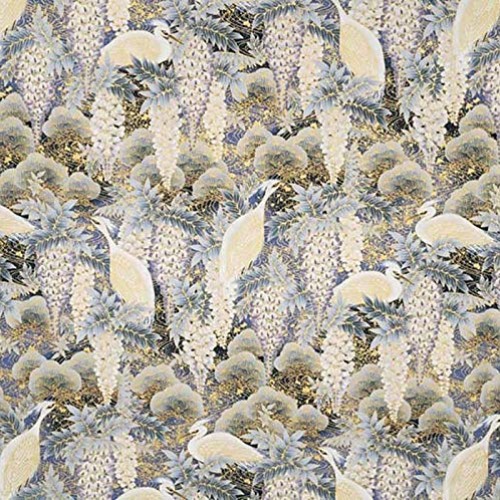 Wisteria & Herons- Blue with Gold Metallic Asian Japanese Fabric -...