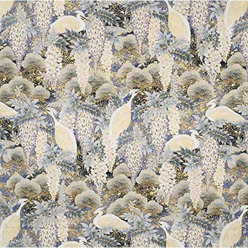 Wisteria & Herons- Blue with Gold Metallic Asian Japanese Fabric -...
