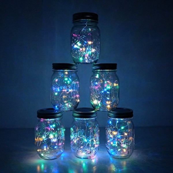 6 Pack Mason Jar Lights 10 LED Solar Colorful 4 Colors Fairy Str...