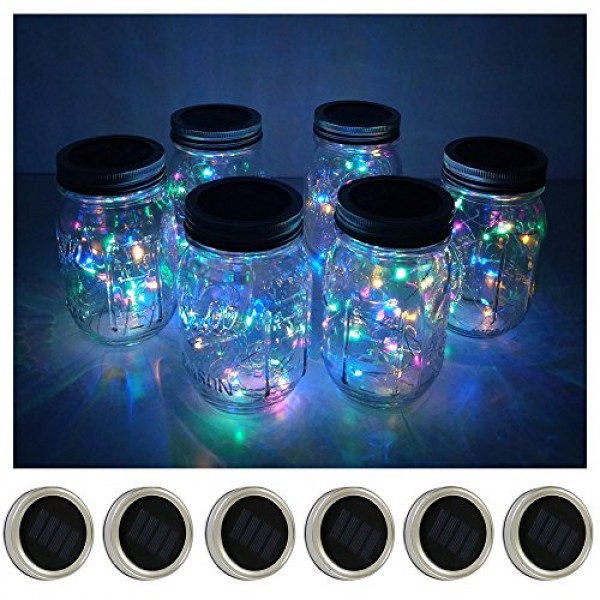 6 Pack Mason Jar Lights 10 LED Solar Colorful 4 Colors Fairy Str...