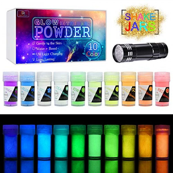 10 Color Glow In The Dark Pigment Powder with UV Lamp - Epoxy Resi...