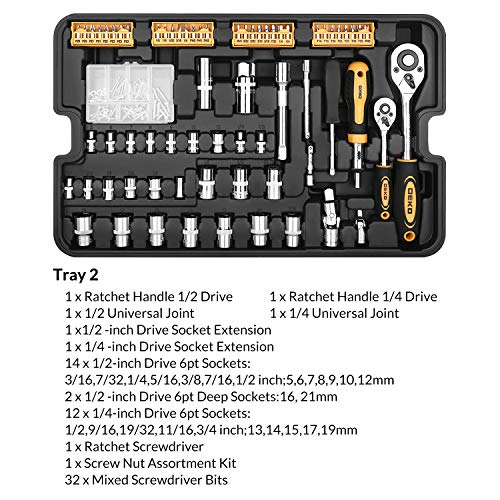 DEKOPRO 258 Piece Tool Sets Hand Tool Kit with Rolling Tool Box So...