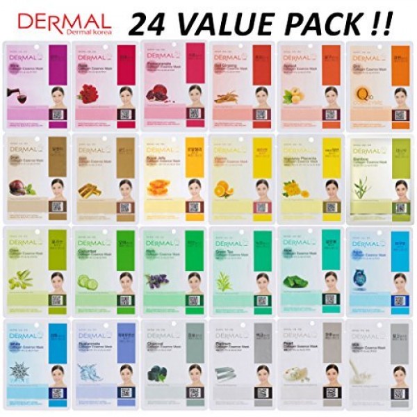 DERMAL Collagen Essence Full Face Facial Mask Sheet Pack of 24