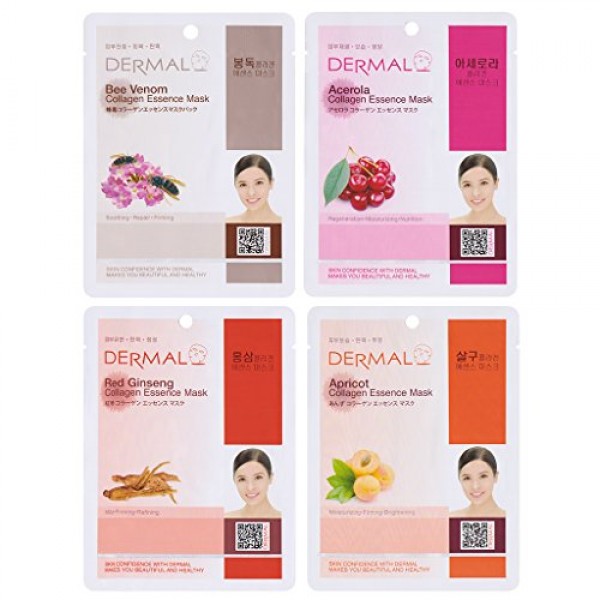 DERMAL Collagen Essence Full Face Facial Mask Sheet, 16 Combo Pack A