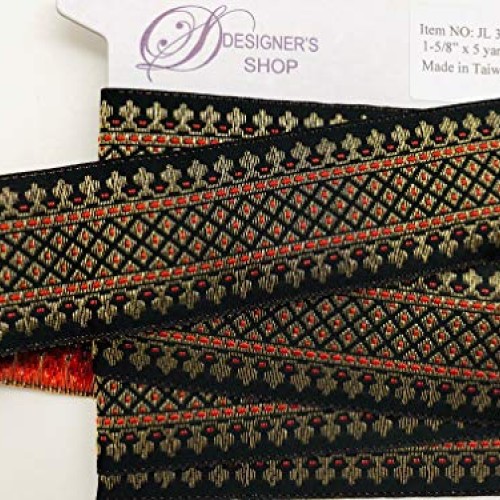 Jacquard Metallic Gold/Red, Black, JL 317, Width: 1-5/8 40mm - ...