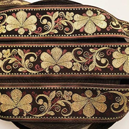 JL 429 Jacquard Metallic Gold Floral Vine Brown Ribbon Trim 2-3/8...