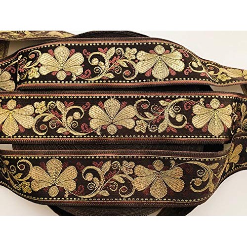 JL 429 Jacquard Metallic Gold Floral Vine Brown Ribbon Trim 2-3/8...