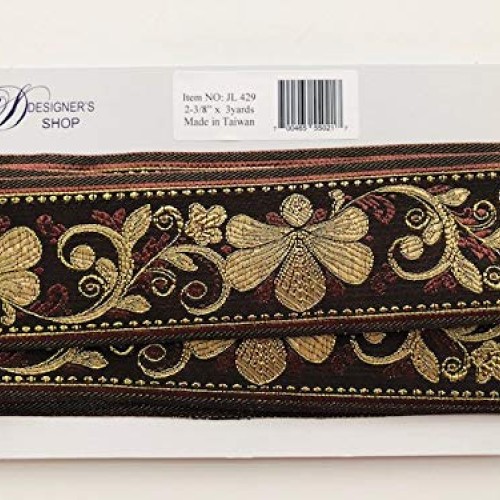 JL 429 Jacquard Metallic Gold Floral Vine Brown Ribbon Trim 2-3/8...