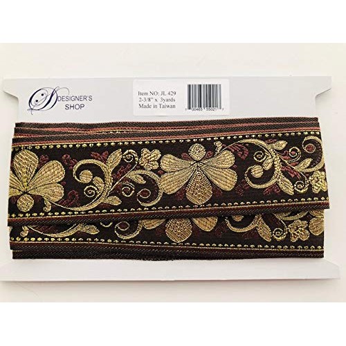 JL 429 Jacquard Metallic Gold Floral Vine Brown Ribbon Trim 2-3/8...