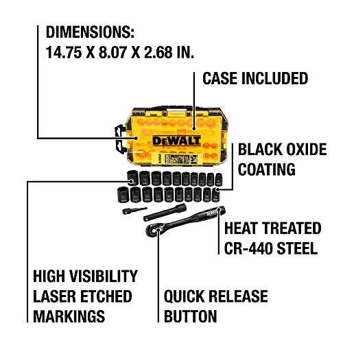 DEWALT Impact Socket Set, 23-Piece, 1/2 Drive Metric/SAE DWMT74739