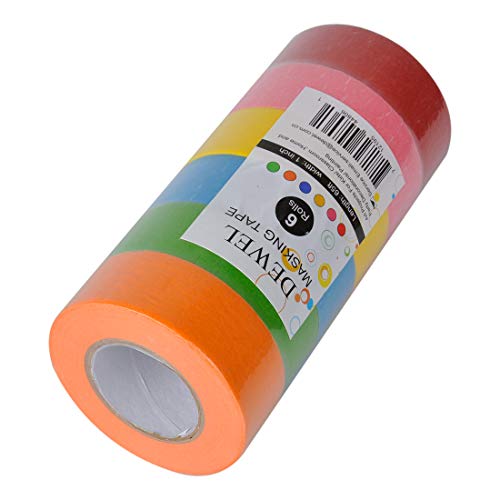 DEWEL Bright Colored Masking Tape,6 Pack 1 Inch 22 Yard Rolls Boar...