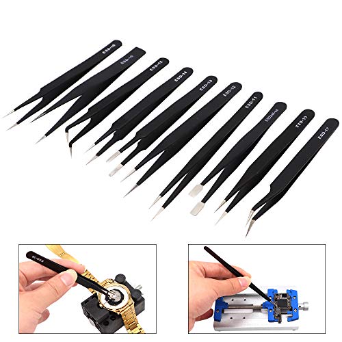 10PCS Precision ESD Tweezers Tool Kit Anti-Static Tweezers Set, An...