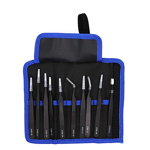 10PCS Precision ESD Tweezers Tool Kit Anti-Static Tweezers Set, An...