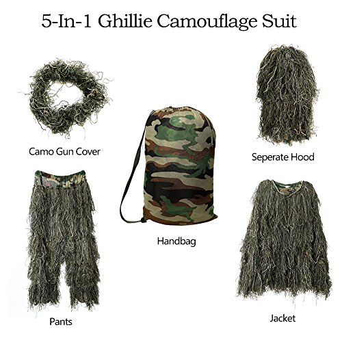 Ghillie Suit, 3D Camouflage Hunting Apparel 5-Piece Including Jack...