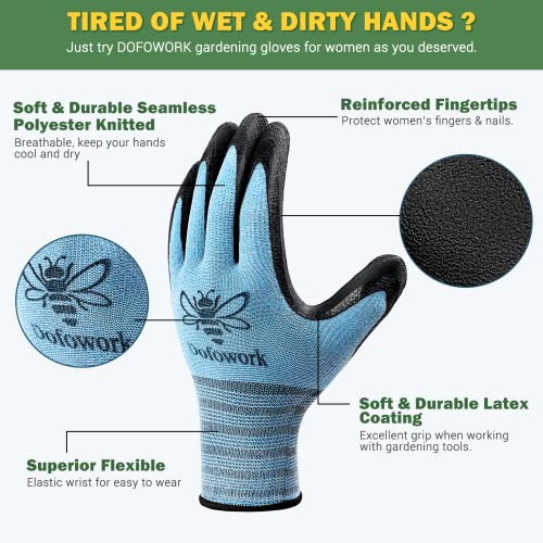 DOFOWORK Gardening Gloves - 6 Pair, Breathable Natural Latex, Blue...