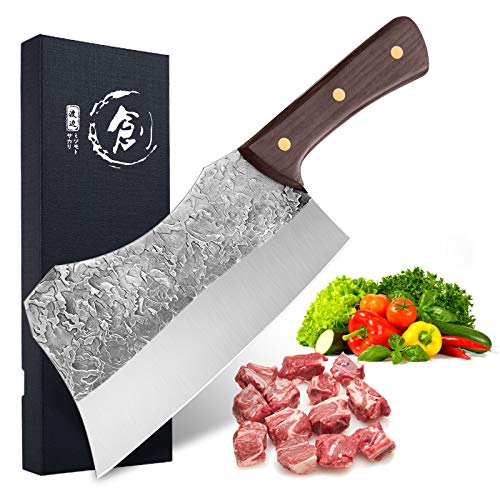 Hand Forged Cleaver Knife Bone Cutting 7 Inch High Carbon Steel He...