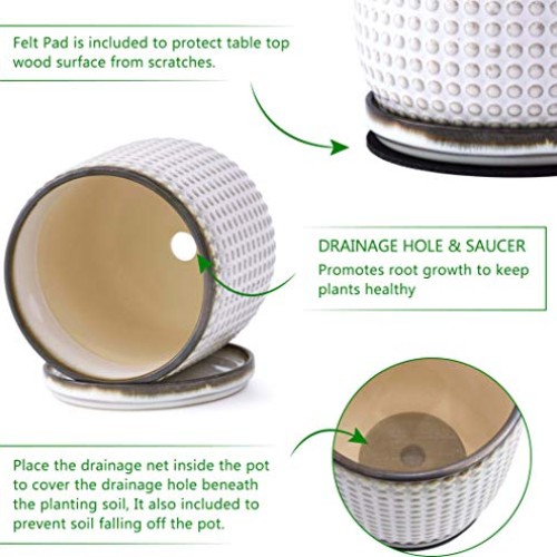 6 Inch Beaded Stoneware Planter Pot with Drainage Hole and Saucer,...