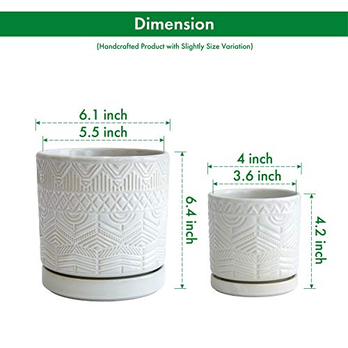 Set of 2 Modern Matte White Floral Embossed Ceramic Planter Pot wi...