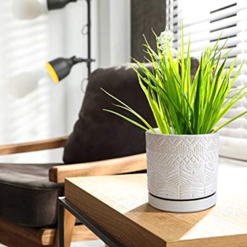 Set of 2 Modern Matte White Floral Embossed Ceramic Planter Pot wi...