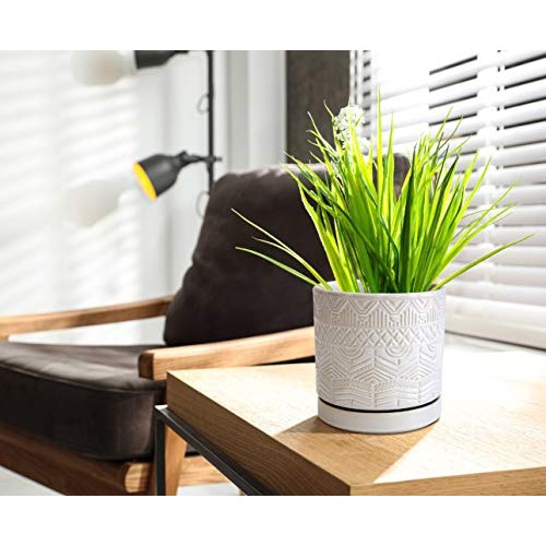 Set of 2 Modern Matte White Floral Embossed Ceramic Planter Pot wi...