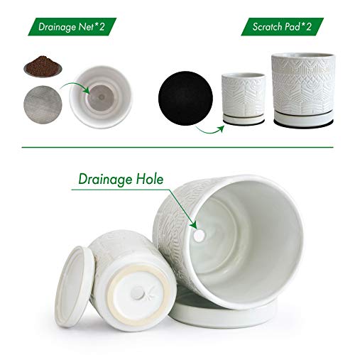 Set of 2 Modern Matte White Floral Embossed Ceramic Planter Pot wi...