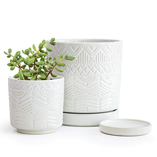 Set of 2 Modern Matte White Floral Embossed Ceramic Planter Pot wi...