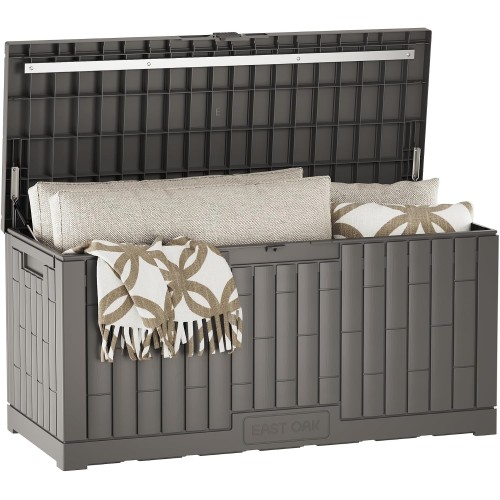 EAST OAK 120 Gallon Outdoor Storage Box | Large Resin Deck Box with Reinforced Stainless Steel Support | Waterproof & UV-Resistant Patio Storage Box for Cushions, Garden Tools & Accessories, Grey