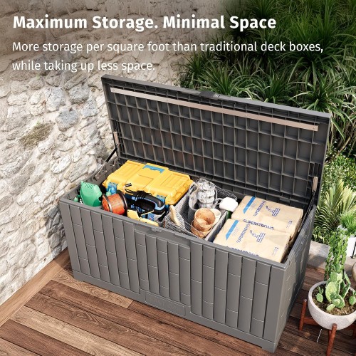 EAST OAK 120 Gallon Outdoor Storage Box | Large Resin Deck Box with Reinforced Stainless Steel Support | Waterproof & UV-Resistant Patio Storage Box for Cushions, Garden Tools & Accessories, Grey