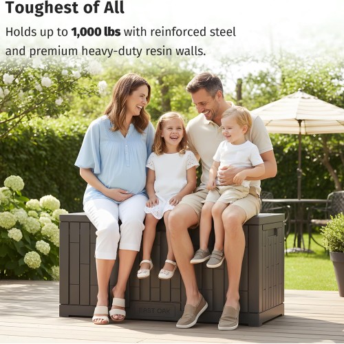 EAST OAK 120 Gallon Outdoor Storage Box | Large Resin Deck Box with Reinforced Stainless Steel Support | Waterproof & UV-Resistant Patio Storage Box for Cushions, Garden Tools & Accessories, Grey