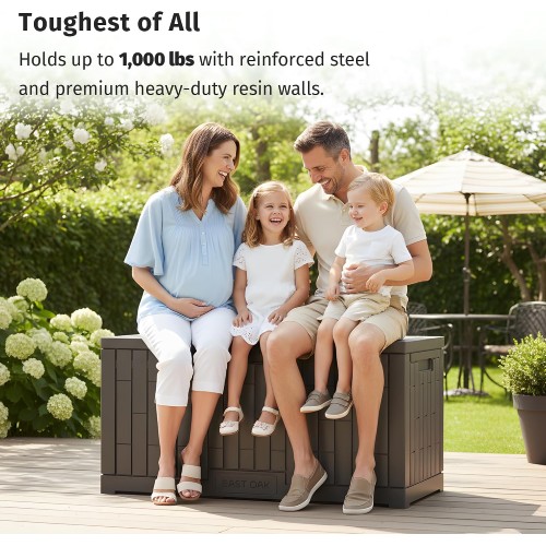 EAST OAK 120 Gallon Outdoor Storage Box | Large Resin Deck Box with Reinforced Stainless Steel Support | Waterproof & UV-Resistant Patio Storage Box for Cushions, Garden Tools & Accessories, Grey