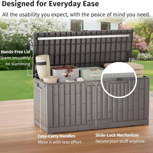 EAST OAK 120 Gallon Outdoor Storage Box | Large Resin Deck Box with Reinforced Stainless Steel Support | Waterproof & UV-Resistant Patio Storage Box for Cushions, Garden Tools & Accessories, Grey