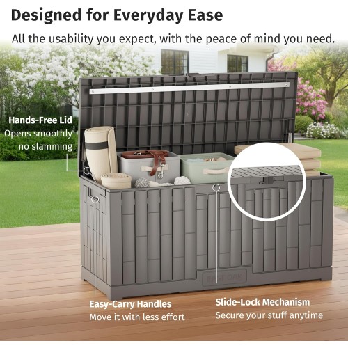 EAST OAK 120 Gallon Outdoor Storage Box | Large Resin Deck Box with Reinforced Stainless Steel Support | Waterproof & UV-Resistant Patio Storage Box for Cushions, Garden Tools & Accessories, Grey