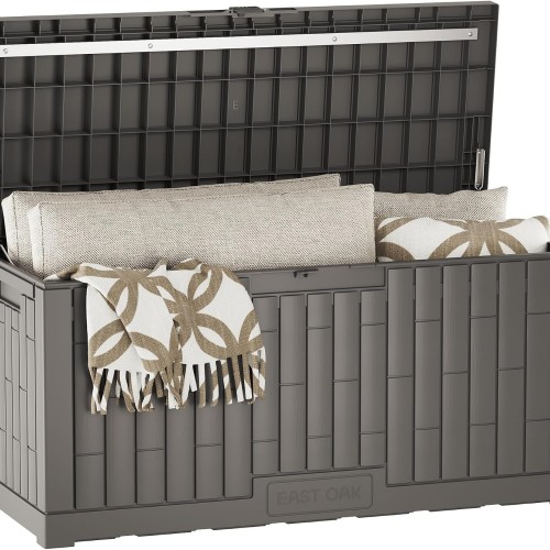 EAST OAK 120 Gallon Outdoor Storage Box | Large Resin Deck Box with Reinforced Stainless Steel Support | Waterproof & UV-Resistant Patio Storage Box for Cushions, Garden Tools & Accessories, Grey