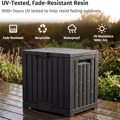 EAST OAK 31 Gallon Outdoor Storage Box, Waterproof Deck UV-Resistant Resin Bin for Patio Cushions, Garden Tools, Accessories & Package, Lockable Wind-Resistant Lid, Steel-Reinforced, Black