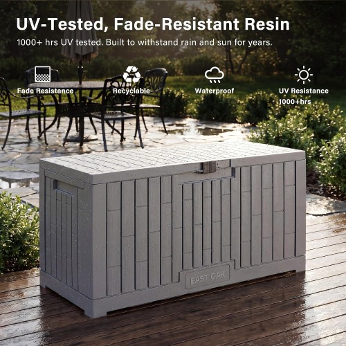 EAST OAK Outdoor Storage Box, 100 Gallon Deck Box, Waterproof Resin Storage Bench for Patio Cushions, Gardening Tools, Pool Toys, Lockable, UV Resistant, Grey