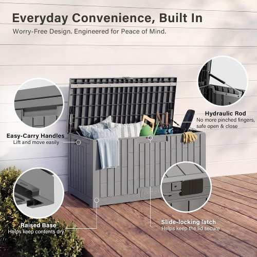 EAST OAK Outdoor Storage Box, 100 Gallon Deck Box, Waterproof Resin Storage Bench for Patio Cushions, Gardening Tools, Pool Toys, Lockable, UV Resistant, Grey