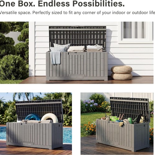 EAST OAK Outdoor Storage Box, 100 Gallon Deck Box, Waterproof Resin Storage Bench for Patio Cushions, Gardening Tools, Pool Toys, Lockable, UV Resistant, Grey