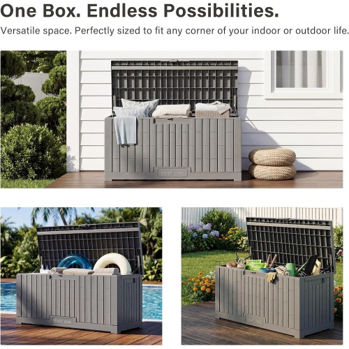 EAST OAK Outdoor Storage Box, 100 Gallon Deck Box, Waterproof Resin Storage Bench for Patio Cushions, Gardening Tools, Pool Toys, Lockable, UV Resistant, Grey