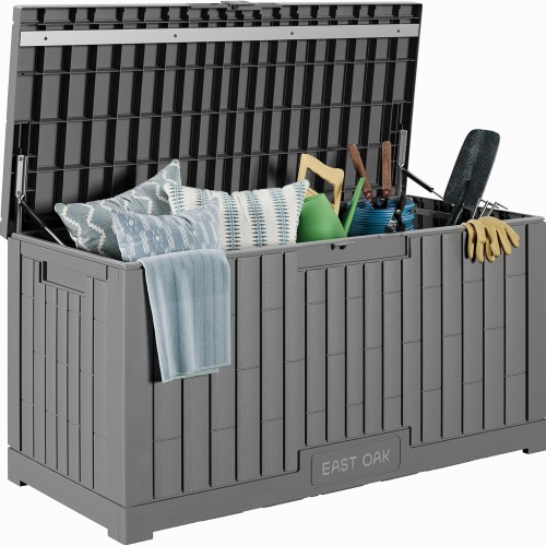 EAST OAK Outdoor Storage Box, 100 Gallon Deck Box, Waterproof Resin Storage Bench for Patio Cushions, Gardening Tools, Pool Toys, Lockable, UV Resistant, Grey