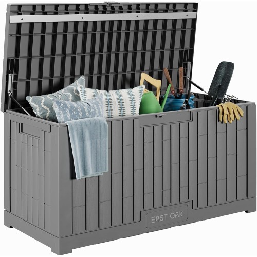 EAST OAK Outdoor Storage Box, 100 Gallon Deck Box, Waterproof Resin Storage Bench for Patio Cushions, Gardening Tools, Pool Toys, Lockable, UV Resistant, Grey