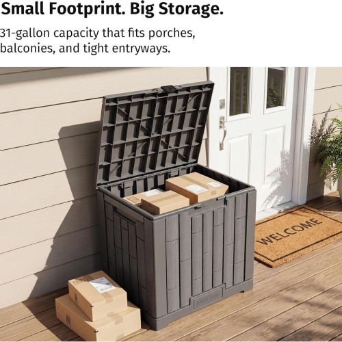 EAST OAK Outdoor Storage Box, 31 Gallon Deck Box for Patio Cushions, Pool Accessories & Garden Tools, Waterproof Resin Storage Container, Ash Grey