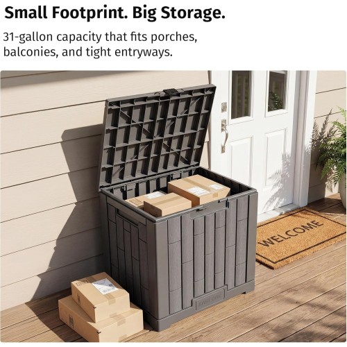 EAST OAK Outdoor Storage Box, 31 Gallon Deck Box for Patio Cushions, Pool Accessories & Garden Tools, Waterproof Resin Storage Container, Ash Grey