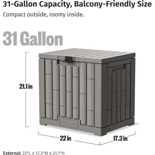 EAST OAK Outdoor Storage Box, 31 Gallon Deck Box for Patio Cushions, Pool Accessories & Garden Tools, Waterproof Resin Storage Container, Ash Grey