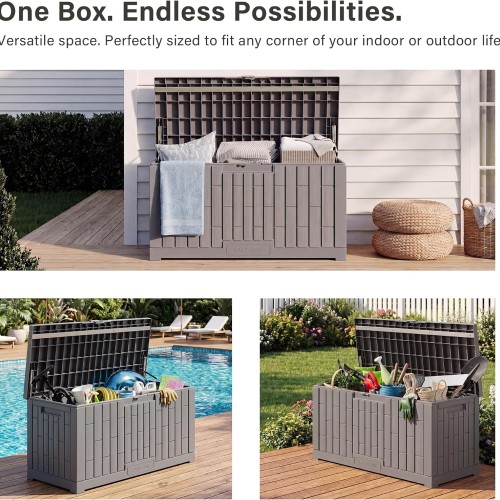 EAST OAK Outdoor Storage Box, 80 Gallon Deck Box, Waterproof Resin Storage Bin for Patio Cushions, Gardening Tools, Lockable, UV Resistant, Grey