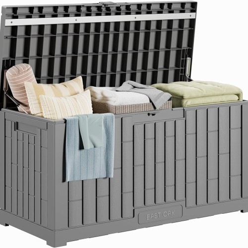 EAST OAK Outdoor Storage Box, 80 Gallon Deck Box, Waterproof Resin Storage Bin for Patio Cushions, Gardening Tools, Lockable, UV Resistant, Grey