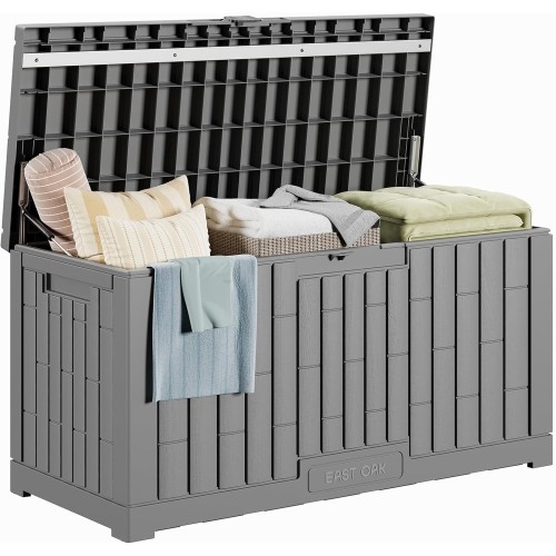 EAST OAK Outdoor Storage Box, 80 Gallon Deck Box, Waterproof Resin Storage Bin for Patio Cushions, Gardening Tools, Lockable, UV Resistant, Grey