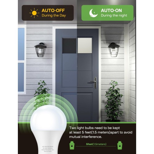 Dusk to Dawn Light Bulb Outdoor 100W Equivalent, Daylight 5000K, 1200LM