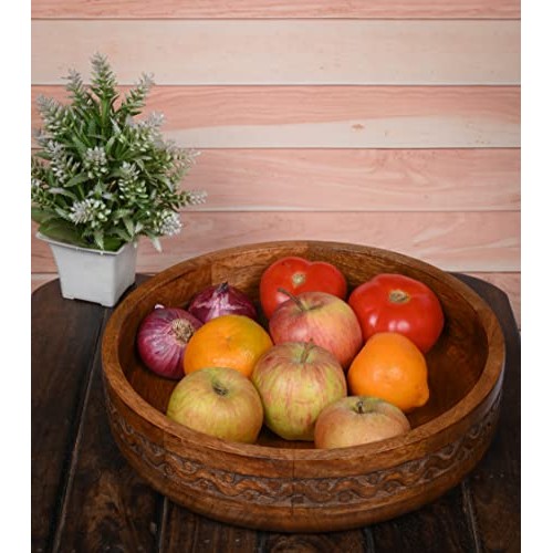 EDHAS Mango Wood Decorative Round Carved Bowl for Decoration, Cent...